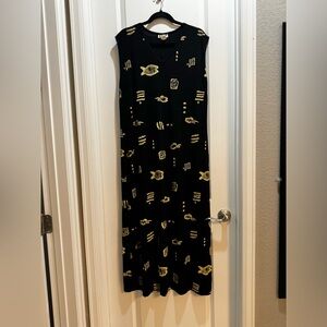 ESSE Black Fish Print Maxi Dress Sz 3X Cap Sleeves Side Slit Vneck Length 54”